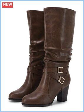 Mid Calf Chunky Heel Boots Faux Leather Side Zip Slouchy Metal Buckle